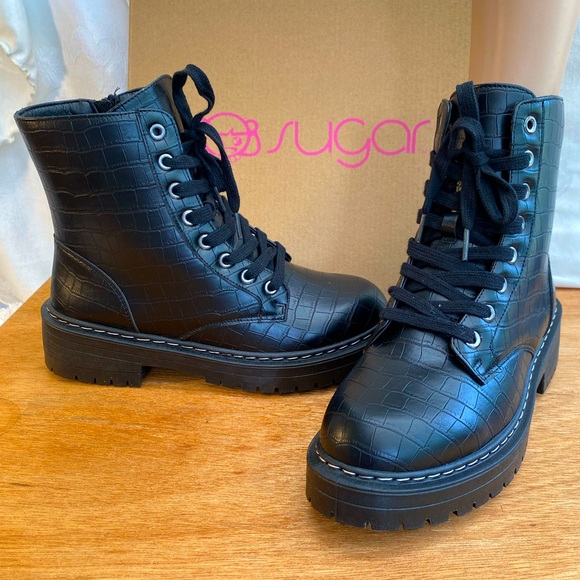 POPSUGAR KAEDY BLACK LACE-UP ANKLE COMBAT/MOTO BOOTS - Picture 1 of 8